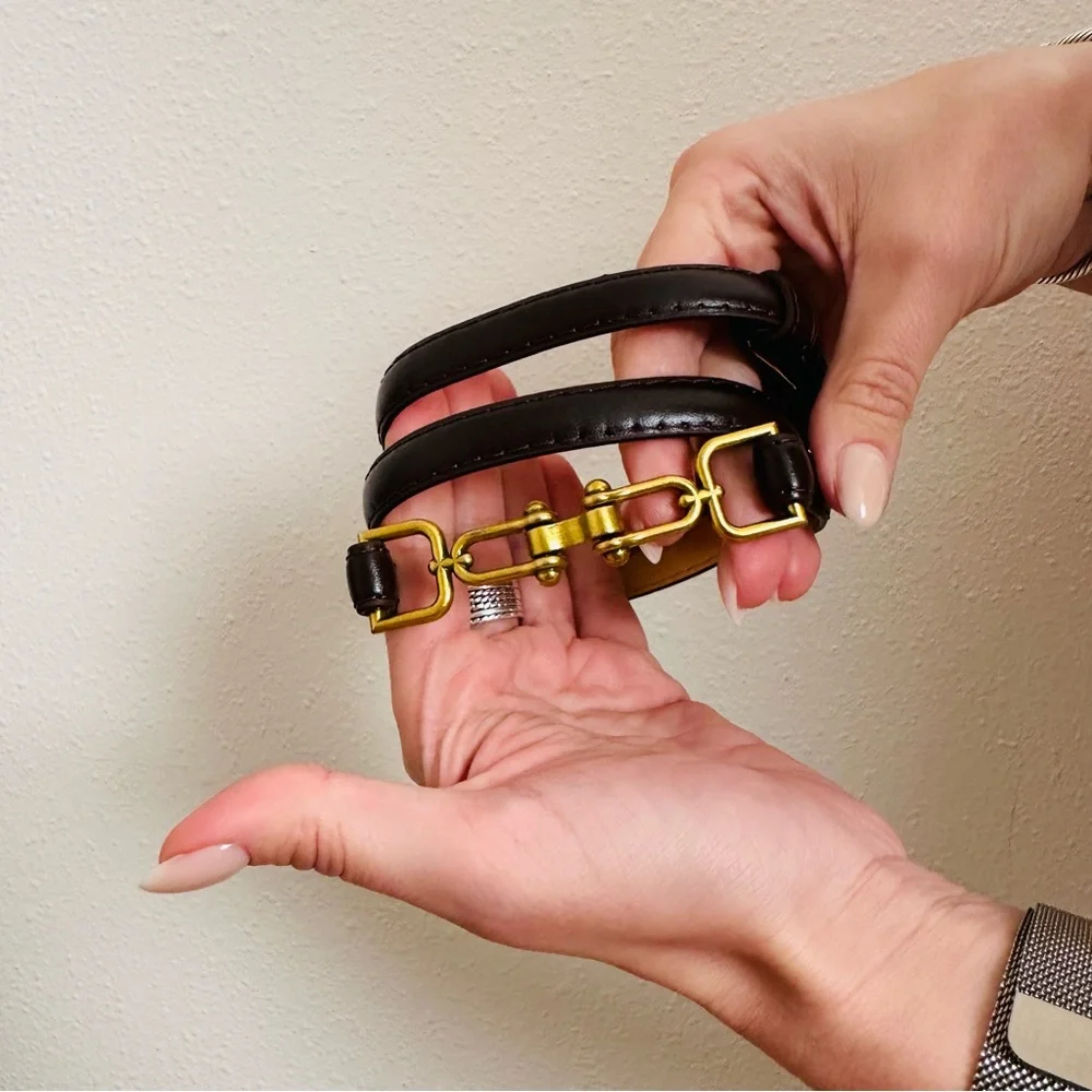 New Elegant Coffee Brown Faux Leather Gold Brushed Buckle Thin Adjustable Belt